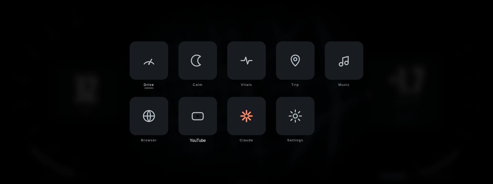 The CarPlay-style app hub — Claude, browser, media, all on the 12.3″ panel